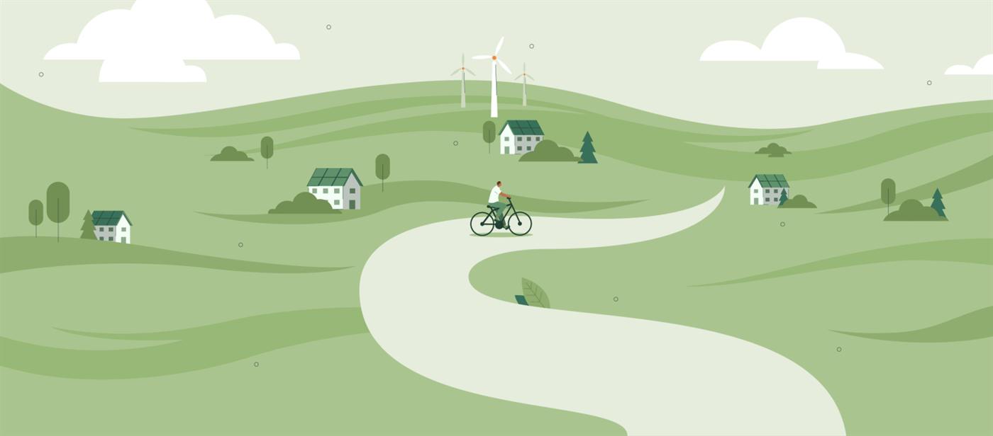 Illustratie van een groen, heuvelachtig landschap